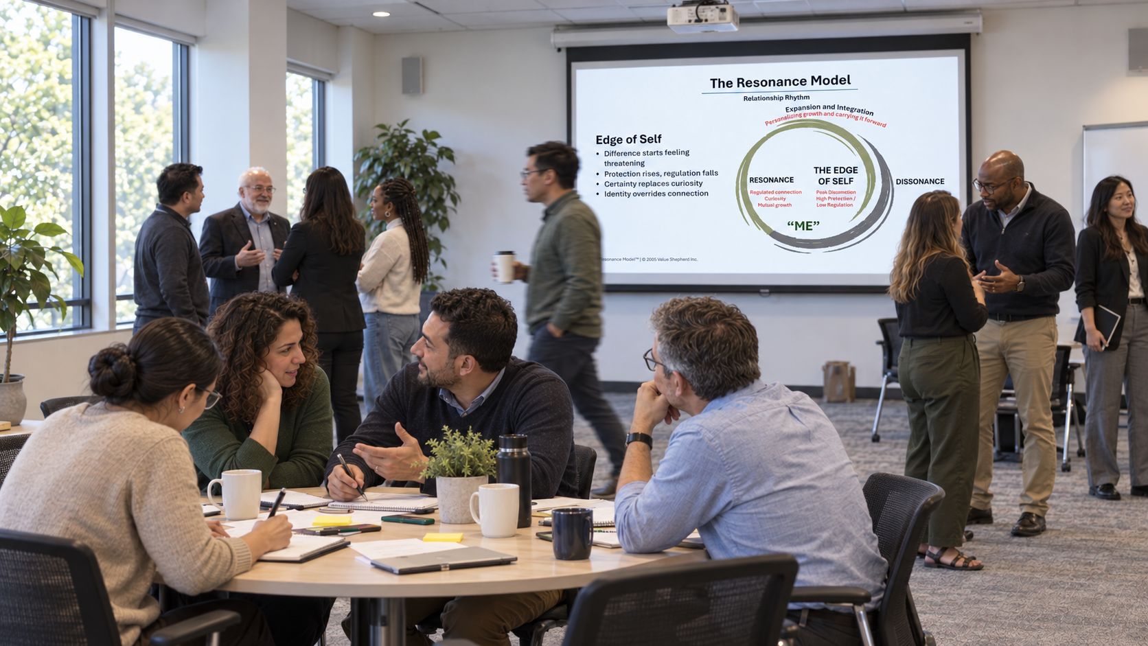 Generated illustration of a facilitated learning session, with participants in small-group conversations and the Resonance Model on screen.